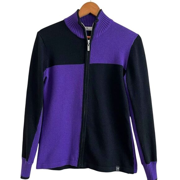 NEVE Zip Cardigan Sweater Womens M Colorblock Purple Black Wool Ski outdoor - Picture 1 of 9